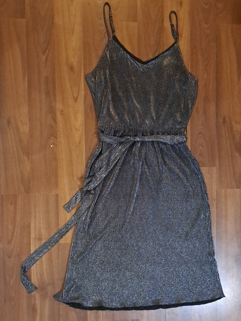Monteau Black Metallic Midi Slip Dress with Tie Waist